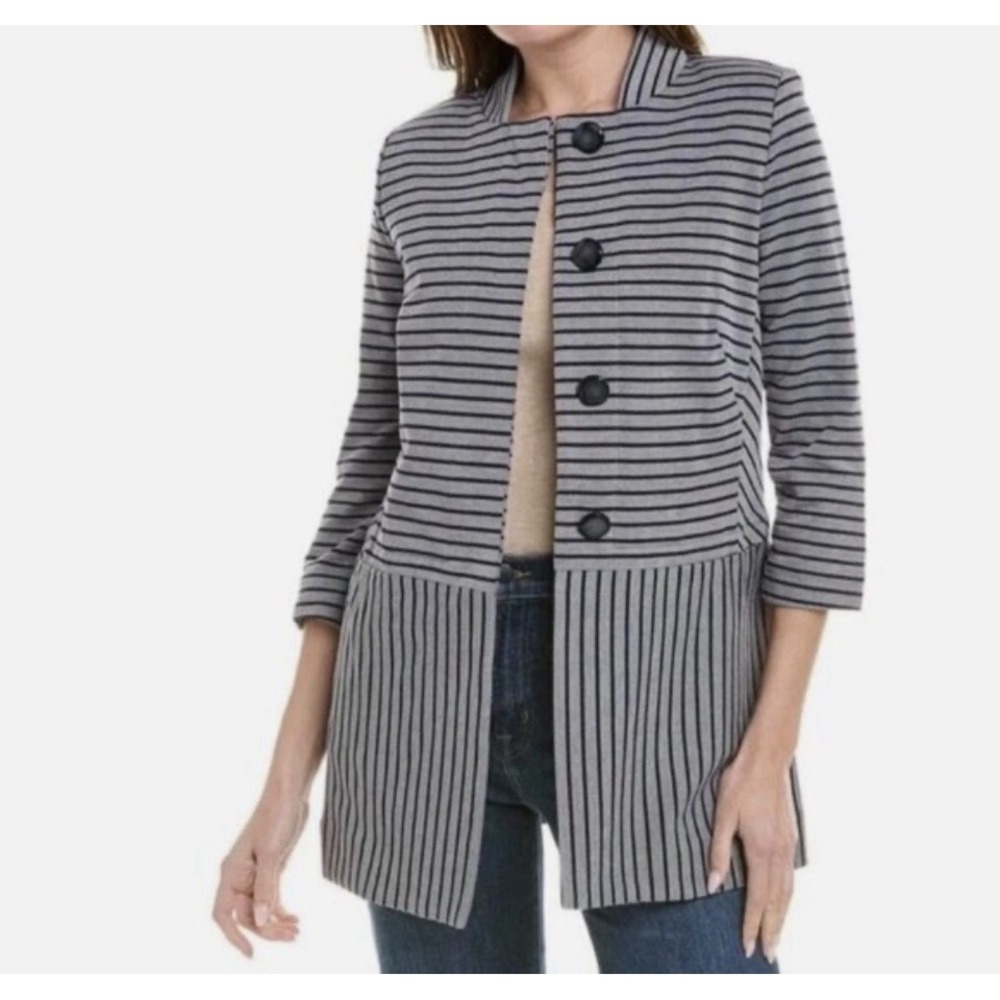 CABI Blue Gray Striped Long‎ Car Coat Jacket Hidden Button Front Sz M Business